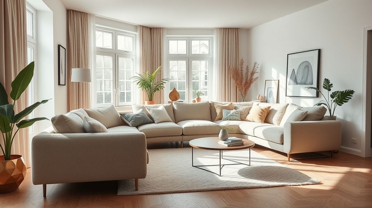 Sala de estar elegante com sofá em tecido bouclé bege.