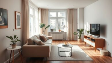 Sala de apartamento pequeno decorada com sofá neutro e funcional.