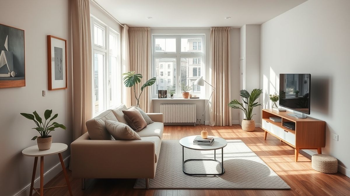 Sala de apartamento pequeno decorada com sofá neutro e funcional.