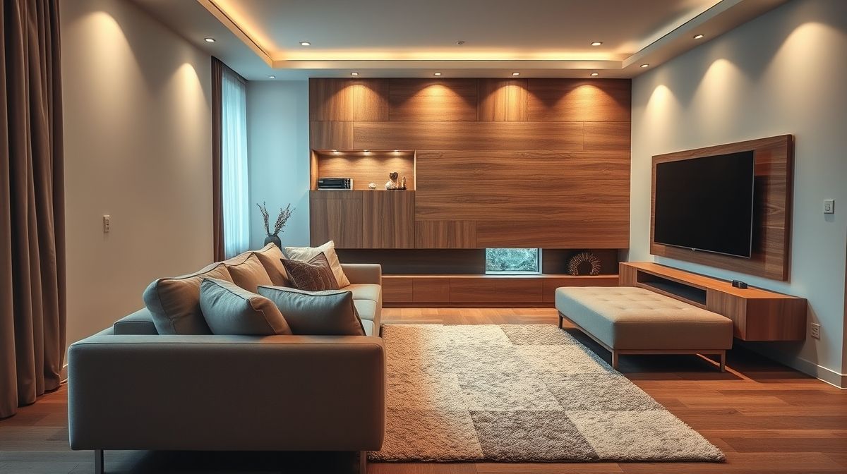 Sala finalizada com sofá, TV, iluminação indireta e decoração equilibrada.