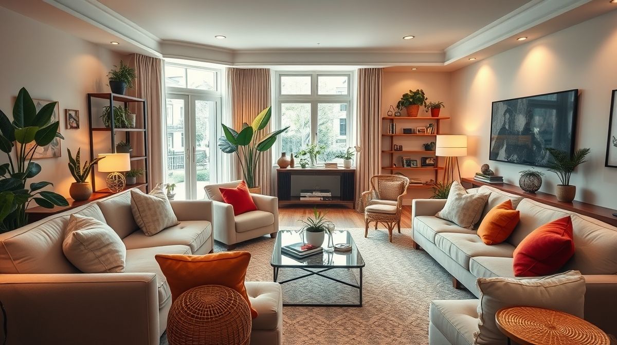 Uma sala aconchegante com móveis neutros, almofadas coloridas e plantas.