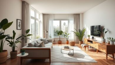 Sala decorada com móveis leves, tons neutros e iluminação natural seguindo Feng Shui.