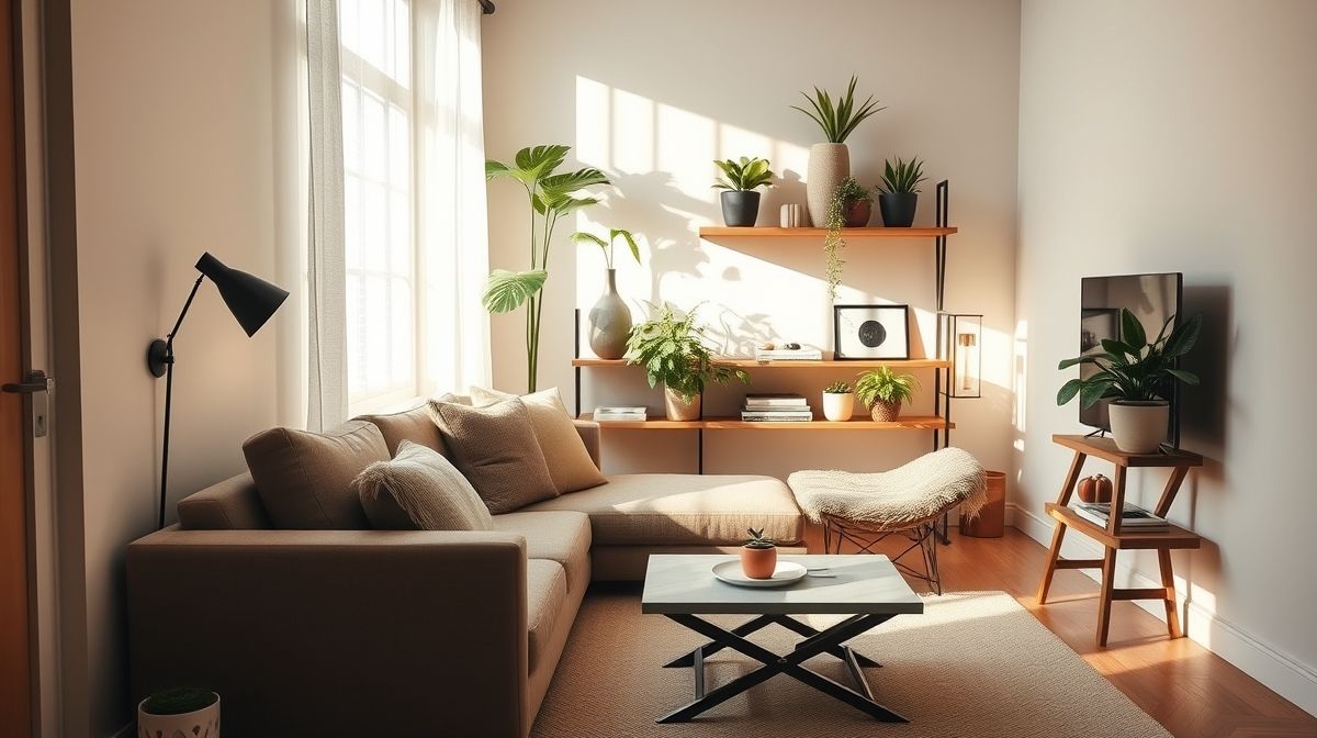 Ambiente final decorado com móveis básicos e funcionais.