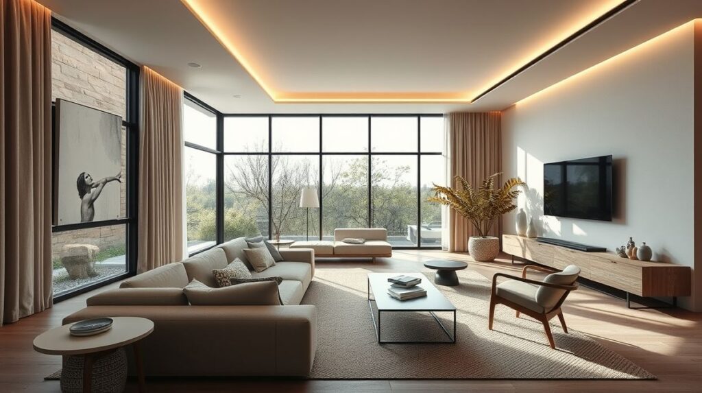 Ambiente sofisticado da CASACOR 2025 com iluminação arquitetônica moderna.