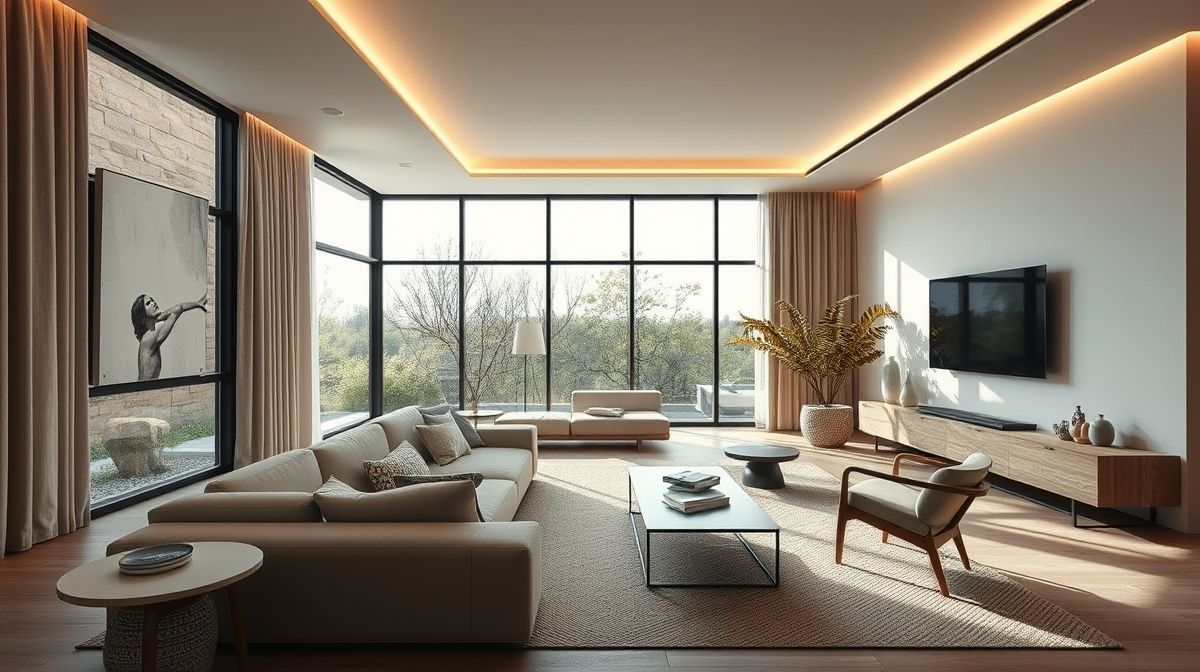 Ambiente sofisticado da CASACOR 2025 com iluminação arquitetônica moderna.