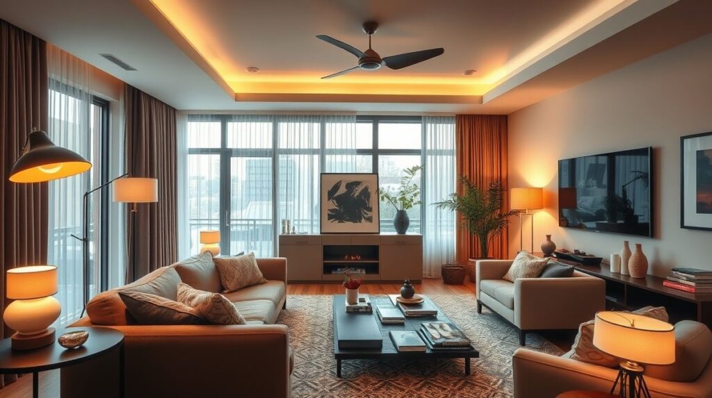 Sala de estar aconchegante com iluminação planejada em diferentes camadas.