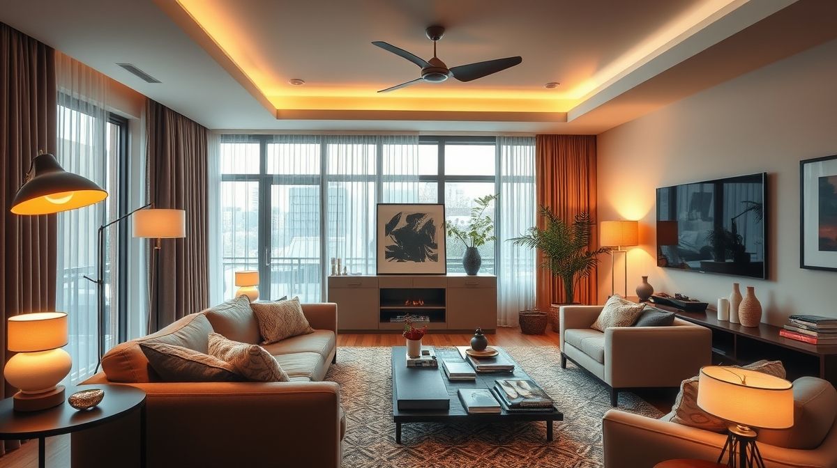 Sala de estar aconchegante com iluminação planejada em diferentes camadas.