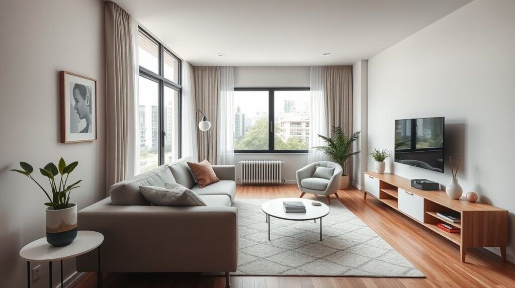 Sala de apartamento compacto com sofá claro, mesa redonda e iluminação natural destacando amplitude.