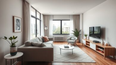 Sala de apartamento compacto com sofá claro, mesa redonda e iluminação natural destacando amplitude.