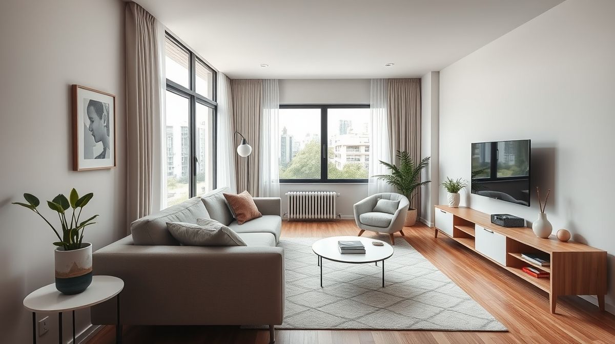 Sala de apartamento compacto com sofá claro, mesa redonda e iluminação natural destacando amplitude.
