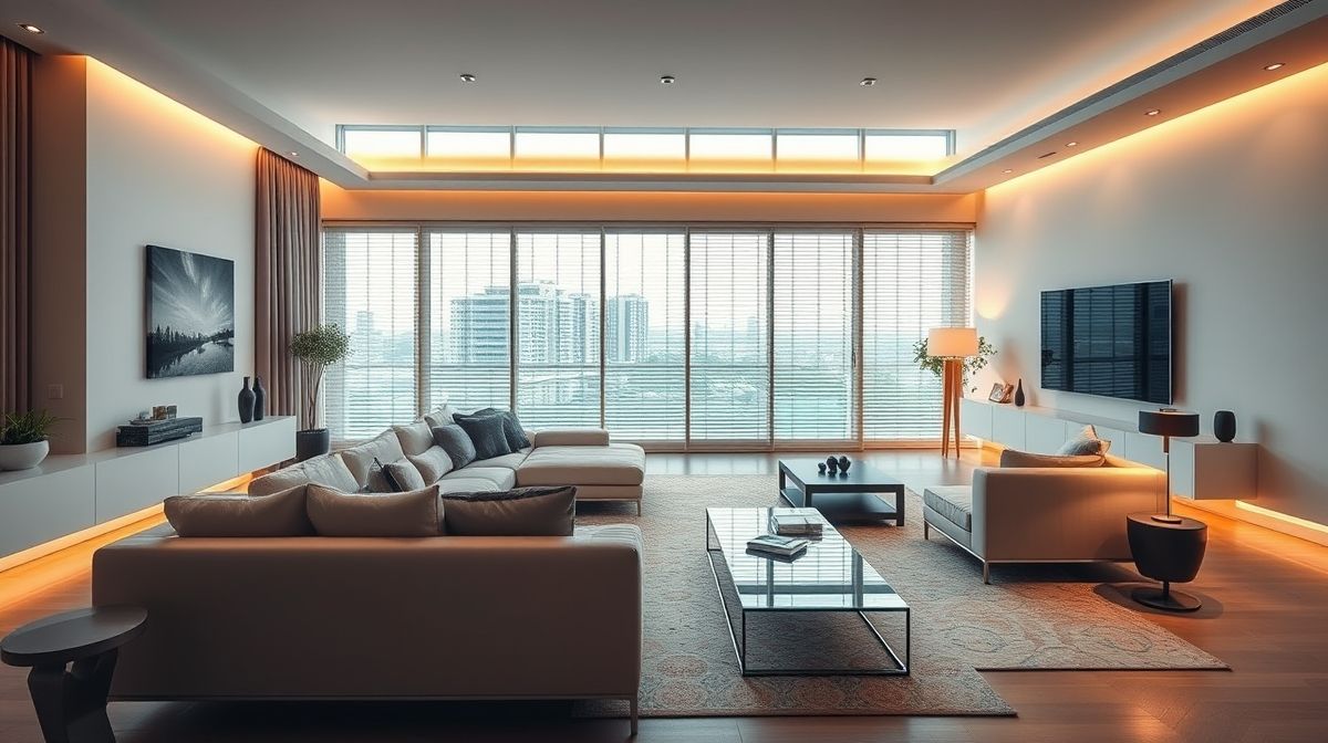 Sala minimalista automatizada com iluminação inteligente e assistente virtual.