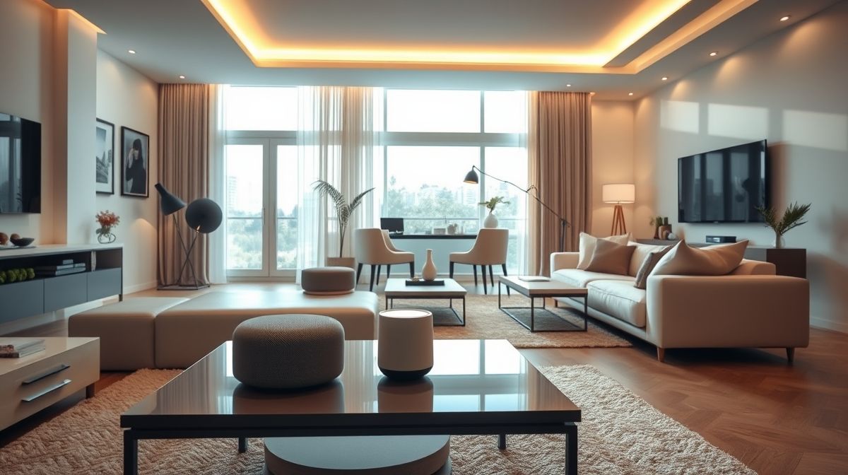 Sala de estar moderna com iluminação inteligente acionada por aplicativo.