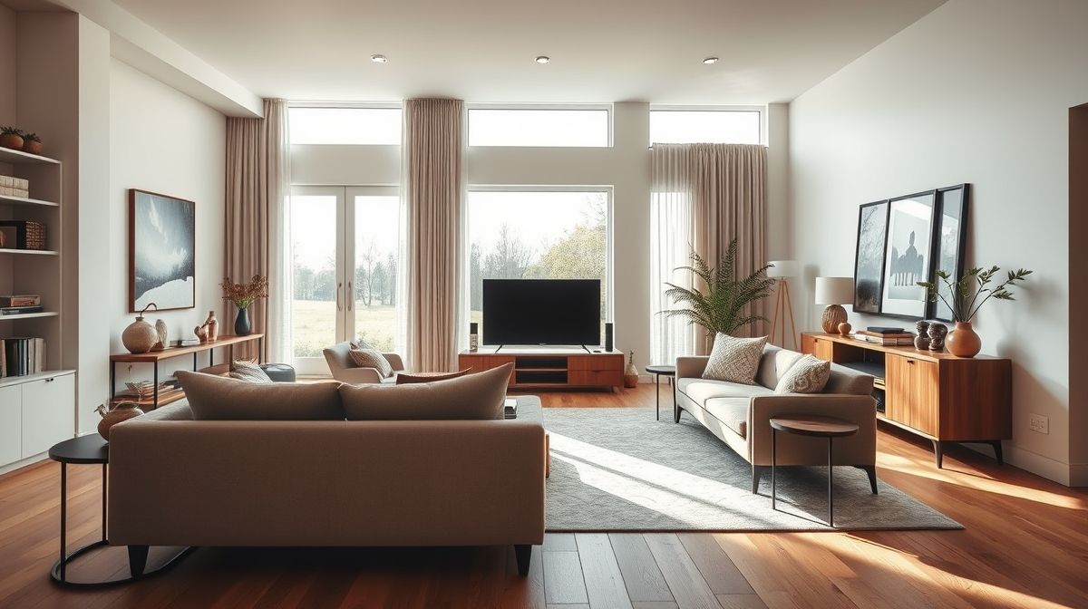 Sala de estar ampla, sofá confortável de frente para a TV na distância correta.
