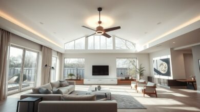 Ambiente contemporâneo com ventilador de teto com luz central trazendo conforto e estilo.