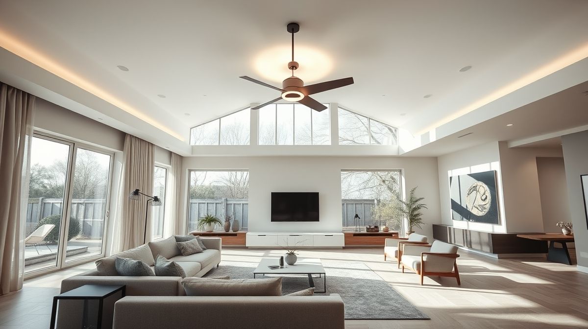 Ambiente contemporâneo com ventilador de teto com luz central trazendo conforto e estilo.