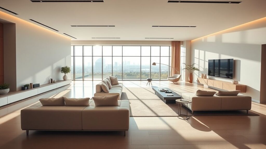 Sala de estar moderna com automação em iluminação e climatização.