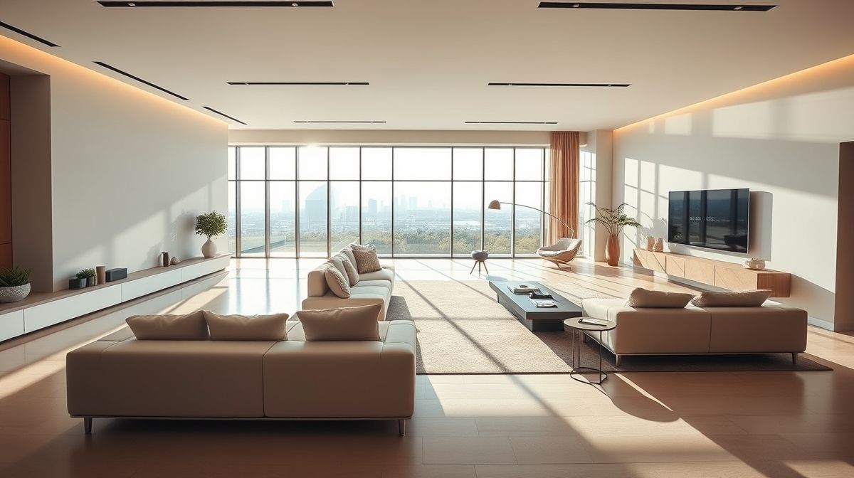 Sala de estar moderna com automação em iluminação e climatização.