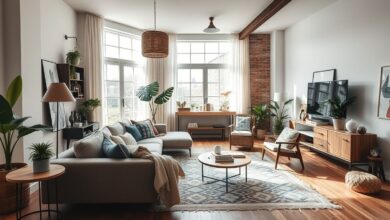 Sala de estar integrando estilos boho, escandinavo e industrial.