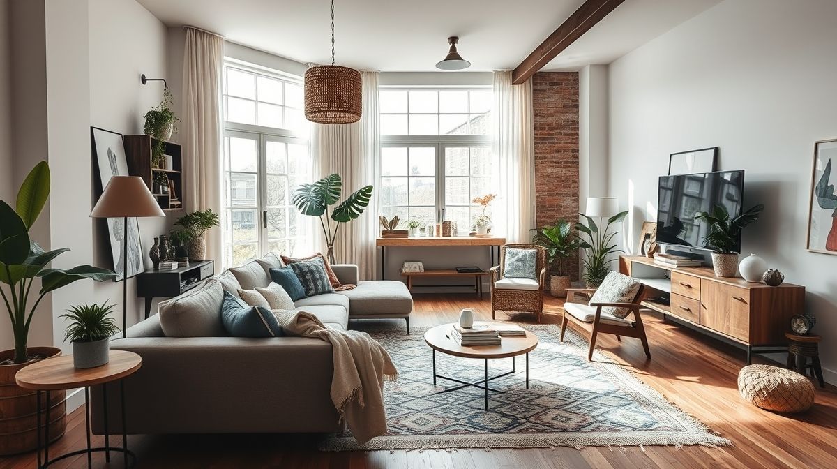 Sala de estar integrando estilos boho, escandinavo e industrial.