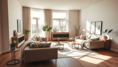 Sala de estar organizada, iluminada, com poucos objetos à vista e decoração minimalista.