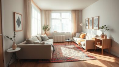 Sala de estar pequena decorada com sofá modular, tapete claro e luz natural.