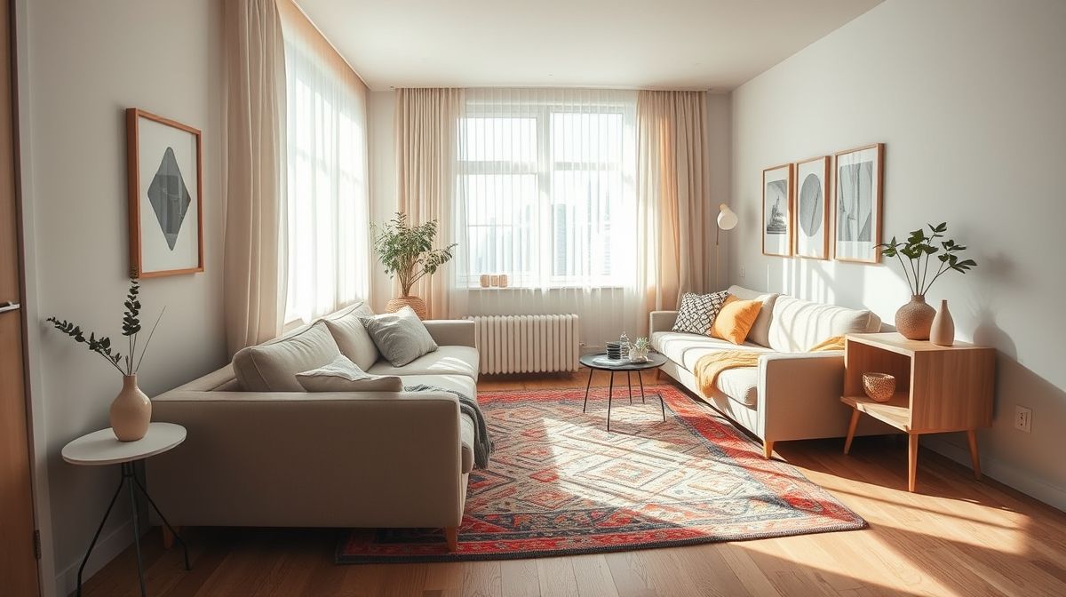 Sala de estar pequena decorada com sofá modular, tapete claro e luz natural.