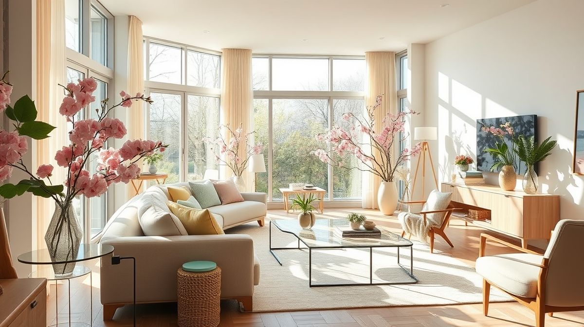 Sala decorada com flores e tons claros, transmitindo frescor e leveza da primavera.