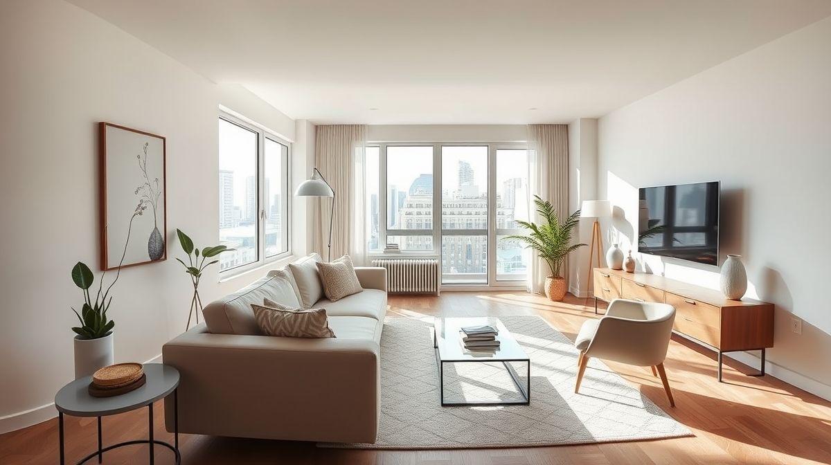Sala integrada de apartamento pequeno após a reforma, moderna e iluminada.