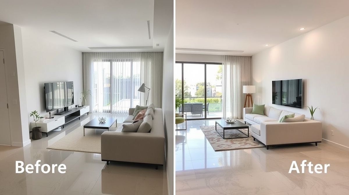 Ambiente pronto com piso em porcelanato, paredes pintadas e iluminação instalada.