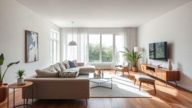 Sala de estar moderna e clara após reforma barata com móveis simples.