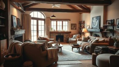 Sala de estar iluminada com luz quente e decoração acolhedora para o inverno