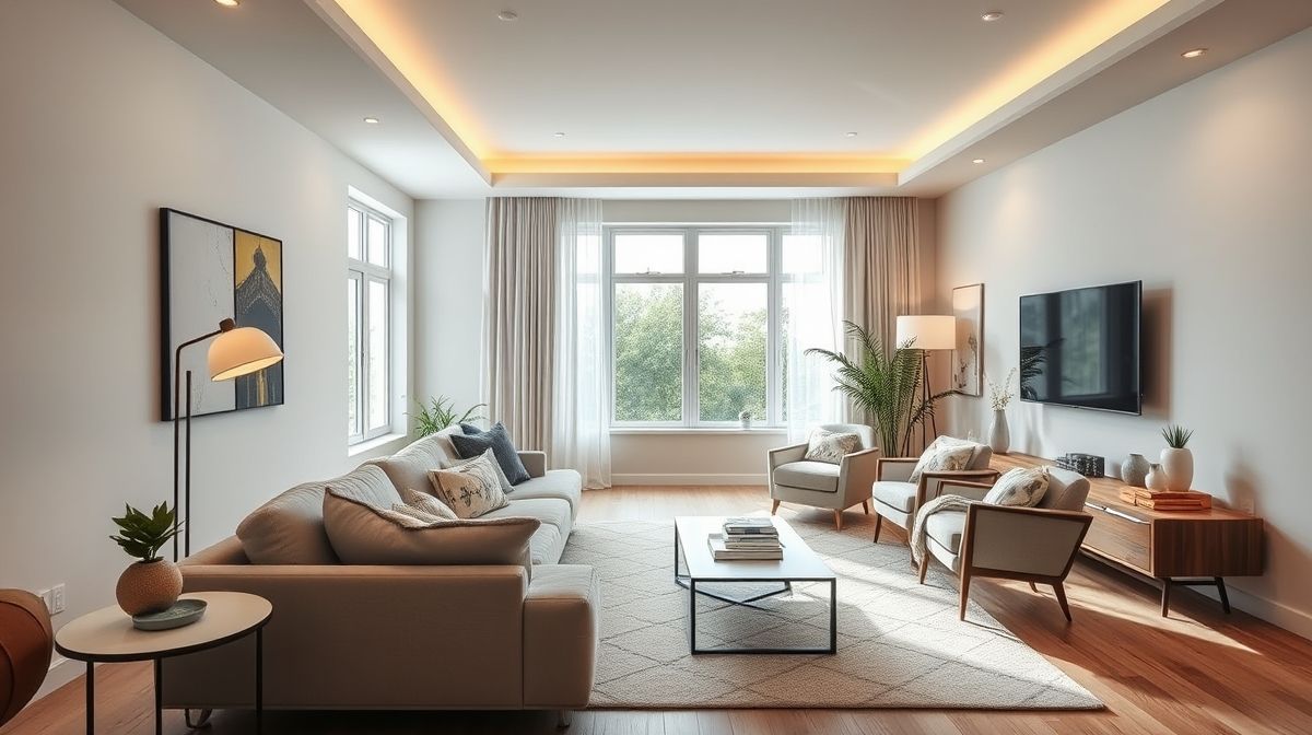 Sala moderna renovada com pintura clara, iluminação LED e móveis reaproveitados.