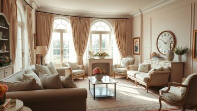 Sala decorada em estilo romântico com sofá claro, flores e iluminação suave.