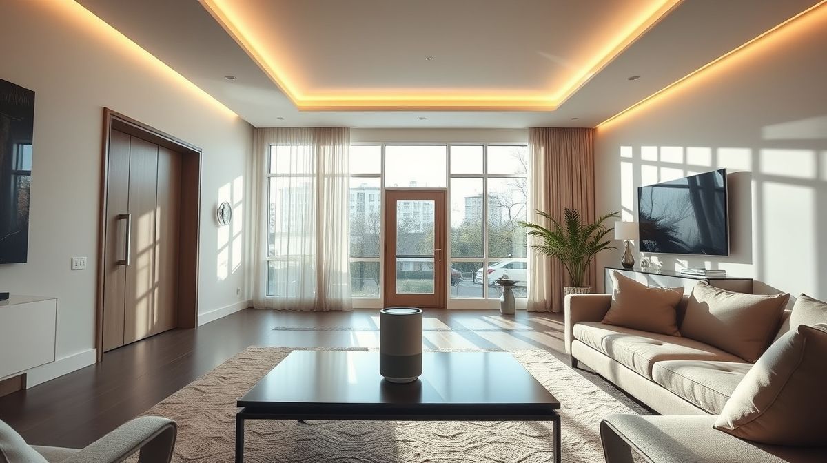 Sala moderna com iluminação inteligente e dispositivos smart integrados.