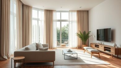 Ambiente minimalista com cortinas de linho claro e móveis em madeira natural.