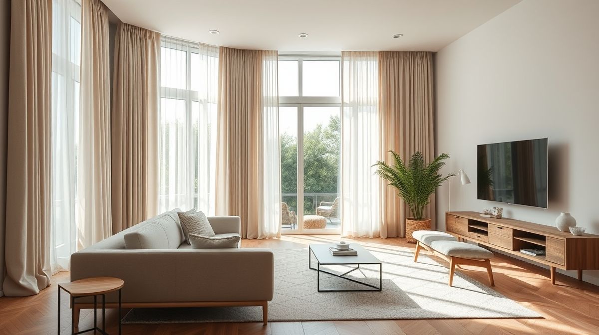 Ambiente minimalista com cortinas de linho claro e móveis em madeira natural.