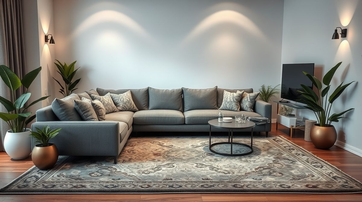 Sala de TV decorada com sofá cinza, tapete grande e iluminação indireta.