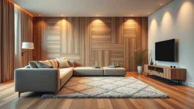 Sala de TV moderna com sofá retrátil, painel de madeira e iluminação suave.