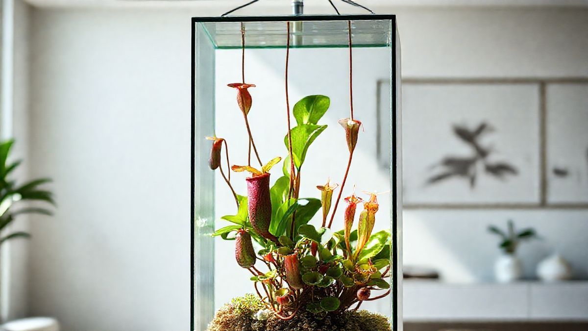 Terrário com Nepenthes suspensas e Drosera em ambiente iluminado.