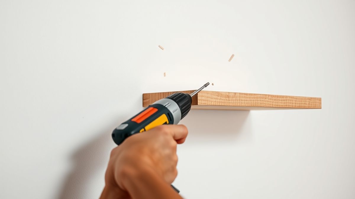 Pessoa utilizando furadeira para instalar prateleira em parede branca.