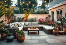 Varanda decorada com sofá modular, plantas e iluminação aconchegante.