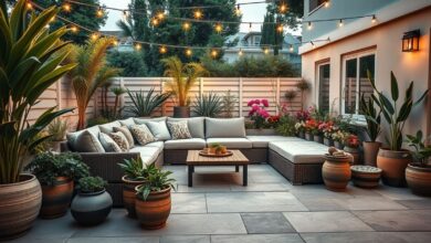 Varanda decorada com sofá modular, plantas e iluminação aconchegante.