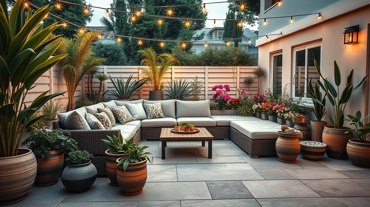 Varanda decorada com sofá modular, plantas e iluminação aconchegante.