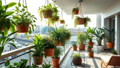 Jardim suspenso em varanda moderna com vasos pendurados e plantas verdes.