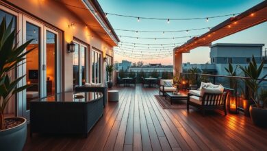 Varanda externa decorada com móveis confortáveis e iluminação suave.