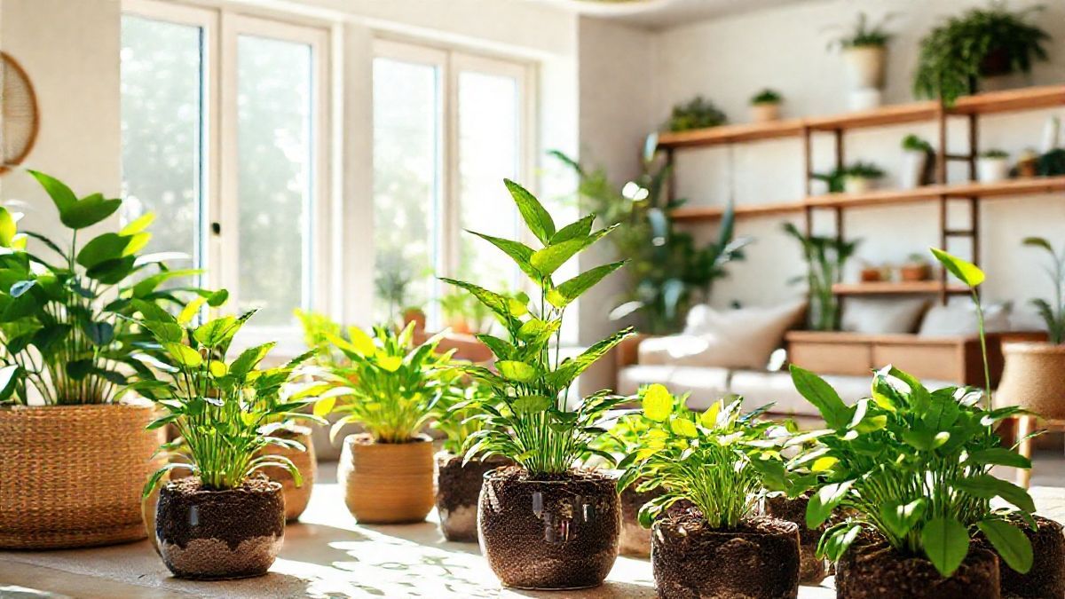 Plantas de interior em vasos já cultivados com substrato saudável