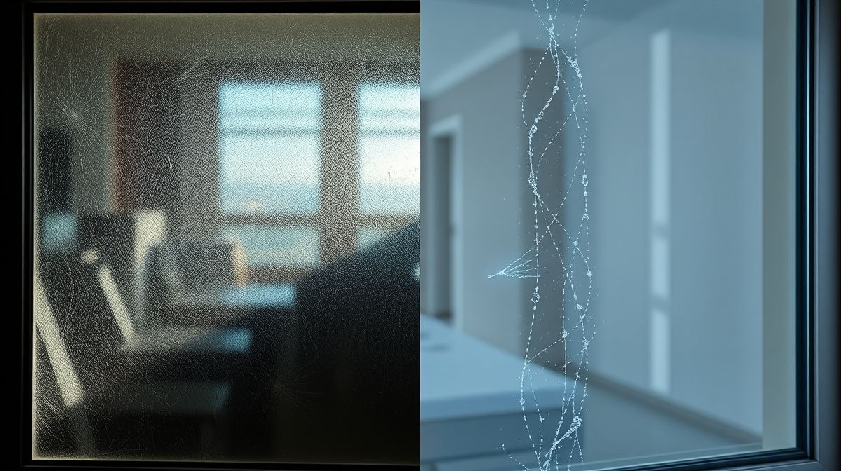 Comparação de janela suja e limpa lado a lado mostrando a diferença da limpeza profissional.