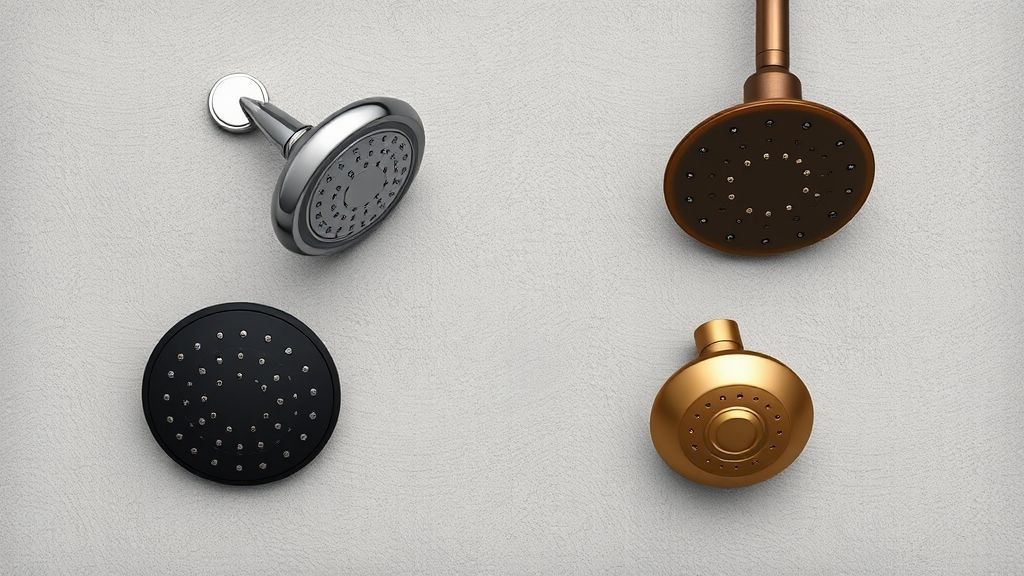 Close em chuveiros de diferentes acabamentos: cromado, preto fosco e dourado.