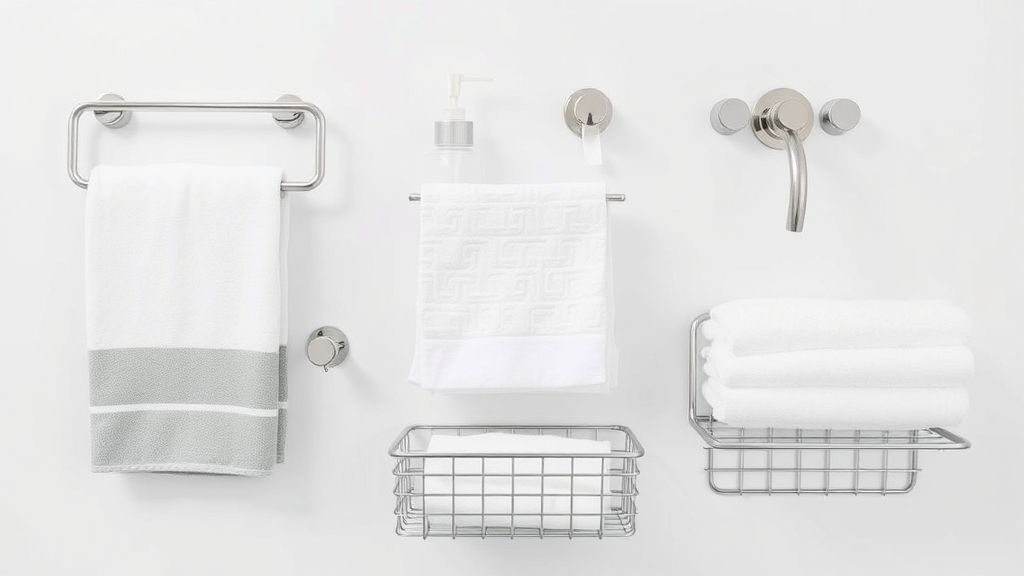 Flat lay com porta-toalhas, saboneteira, cestos organizadores e metais cromados.