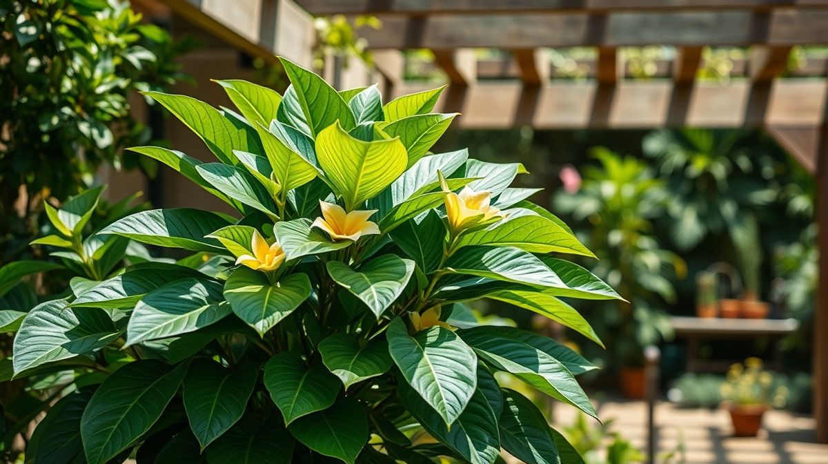Alamanda com folhas verdes brilhantes em local semi-sombreado.